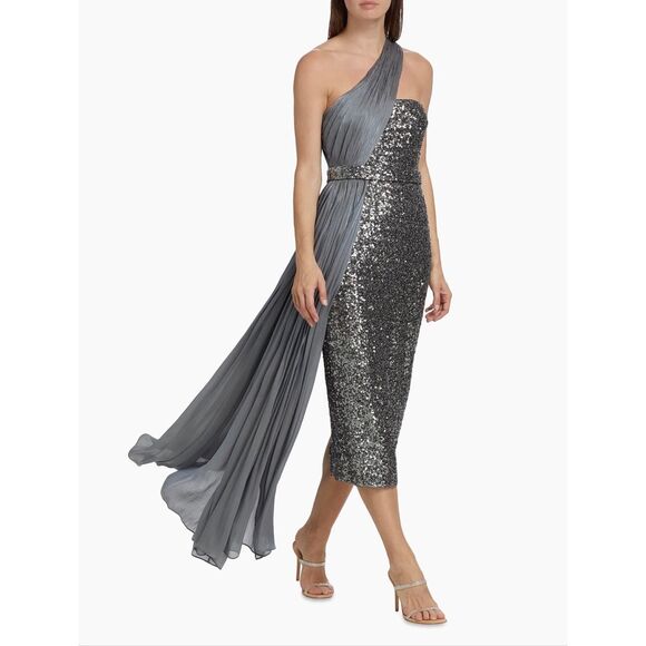 Badgley Mischka One-Shoulder Embellished Cocktail Dress in Pewter US 12 $595 - Picture 3 of 12